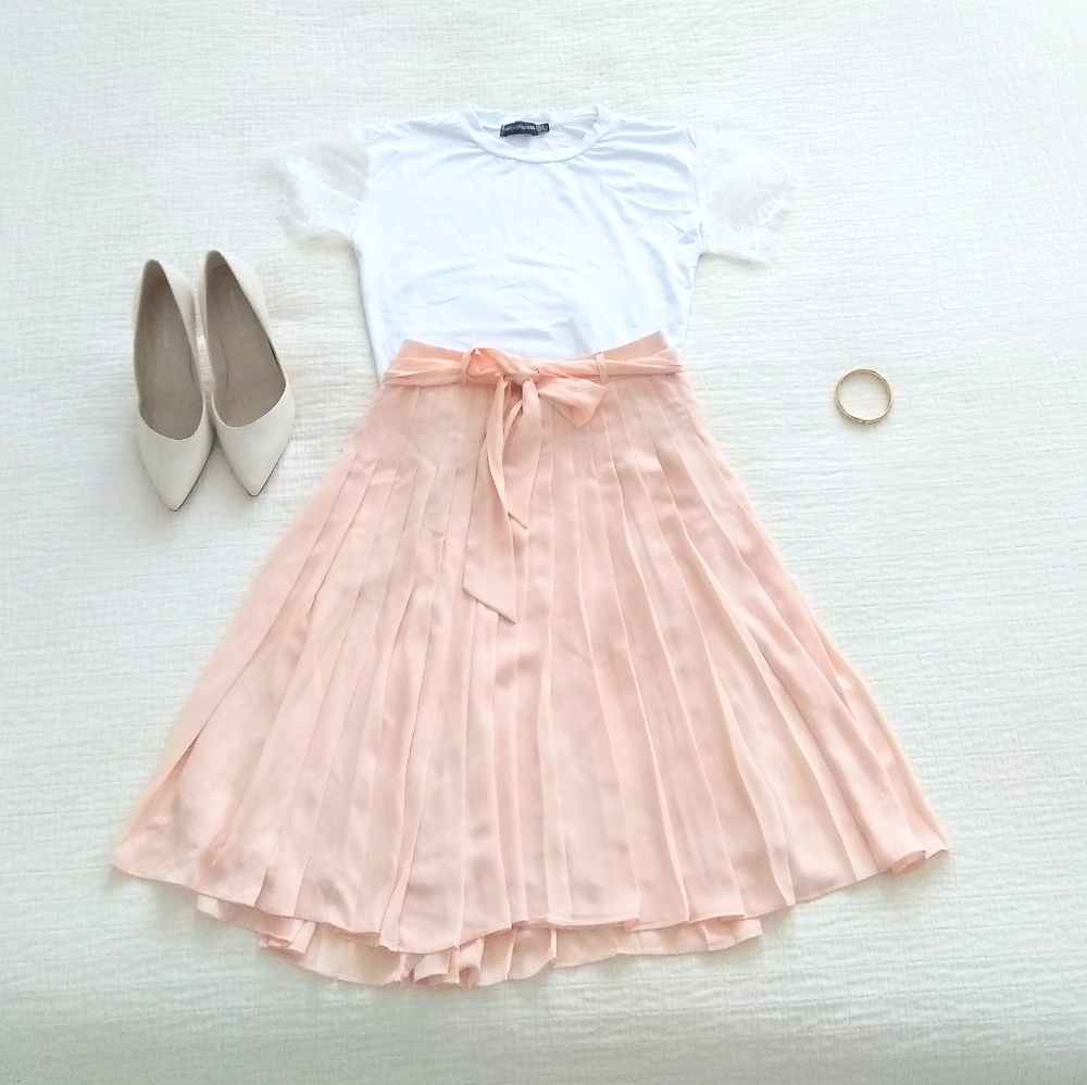 Peachy pink tie waist pleated midi skirt